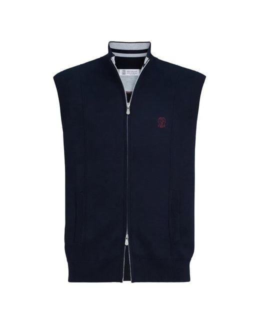 Brunello Cucinelli Blue Cotton And Silk French-Terry Double-Knit Vest With Logo for men