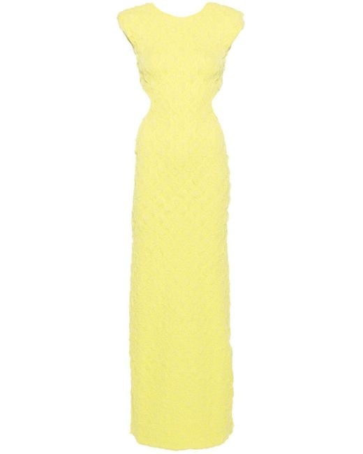 Elisabetta Franchi Yellow Red Carpet Open-back Embossed Maxi Dress