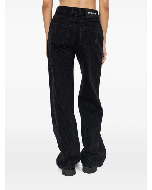 Balmain Black Diamond-Quilted Wide-Leg Jeans