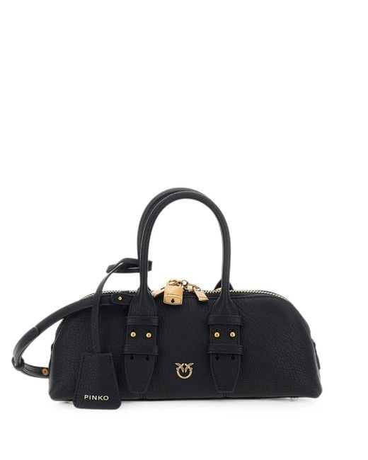Pinko Black Grained Leather Love Birds Shoulder Bag