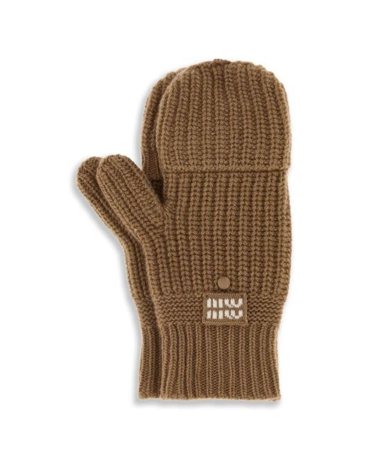 Miu Miu Brown Gerippte Handschuhe Mit Logo-Patch
