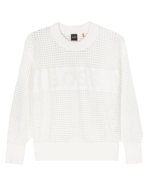 Boss White Perforated-logo Open-knit Jumper