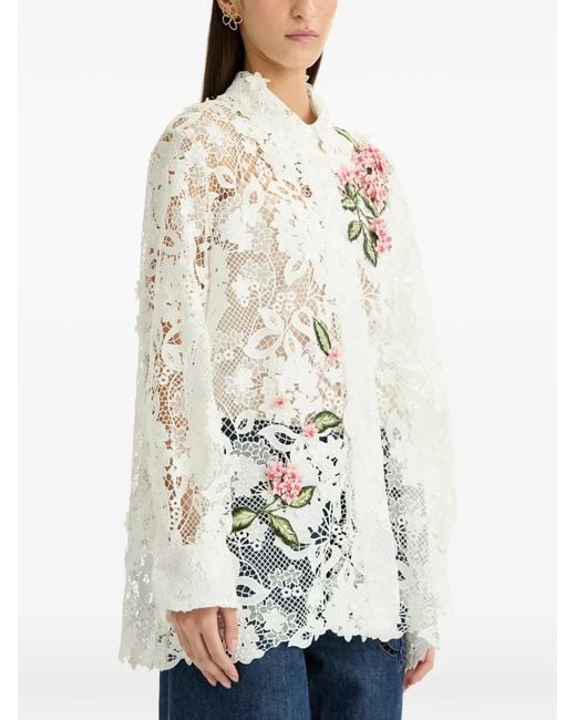Oscar de la Renta White Floral-Detail Blouse