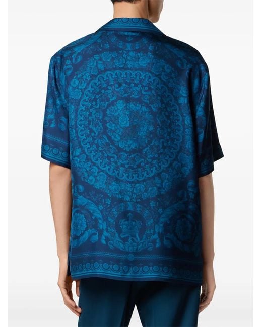Versace Overhemden ,Blauw ,Printed Silk Twill Slim Shirt in het Blue voor heren