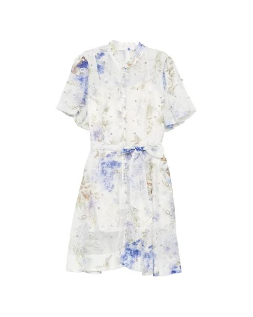 Paperlace White Crystal-Embellished Floral-Print Mini Shirt Dress