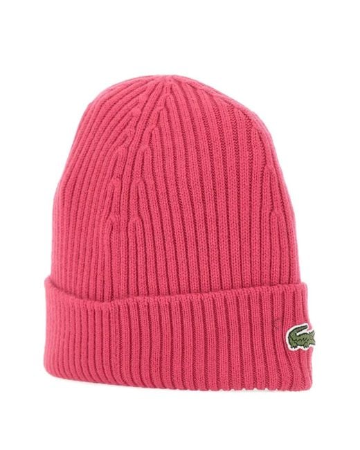 Lacoste Pink Ribbed Logo-Patch Beanie Hat for men