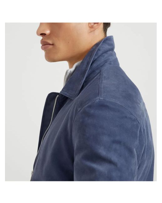 Brunello Cucinelli Blue Suede Bomber Jacket for men