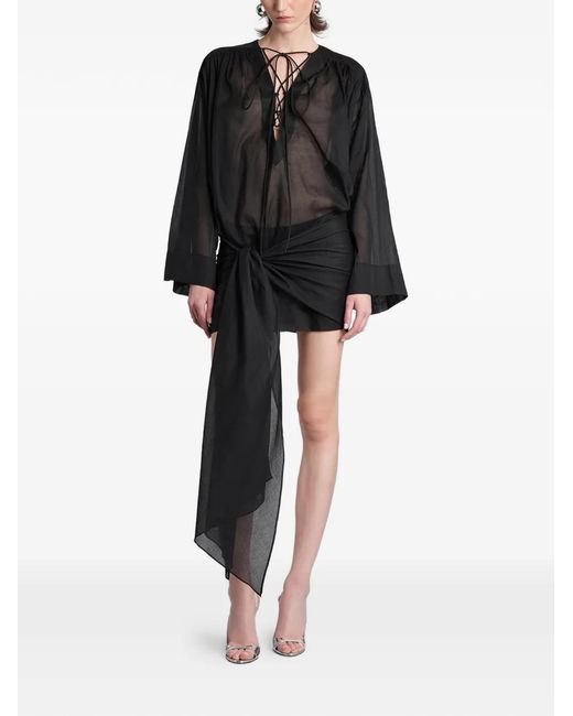 ANDAMANE Black Lace-Up Sheer Knotted-Detail Mini Dress
