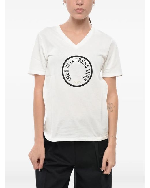 Ines De La Fressange Paris White Logo-Print V-Neck T-Shirt