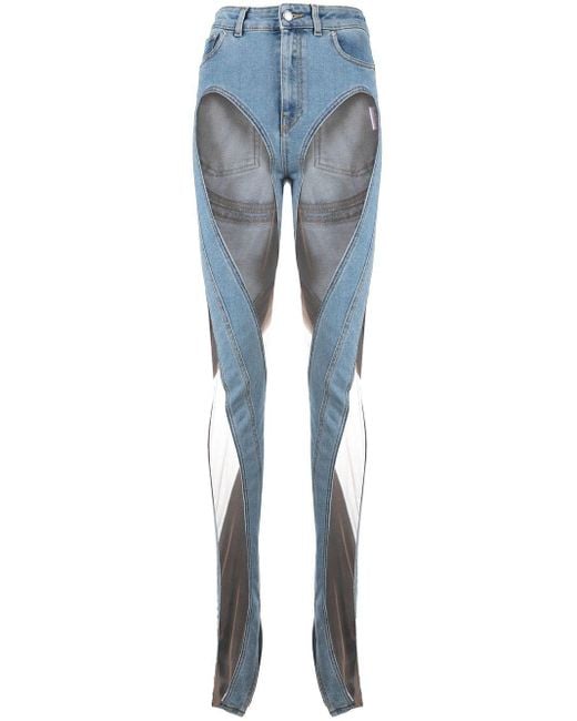 【関税込み】Mugler ブルー Spiral バイマテリアル ジーンズ Blue Bi-Color Spiral Jeans by Mugler on Sale