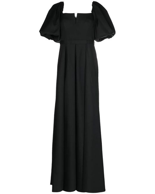 Alberta Ferretti Black Pleat-Detail Puff-Sleeves Gown
