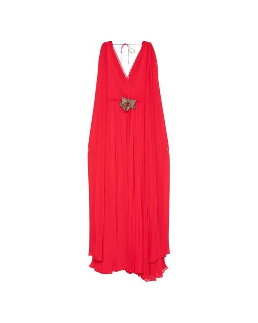 SILK LOVE & LACE Red Ilena Cape-Sleeve Pleated Dress