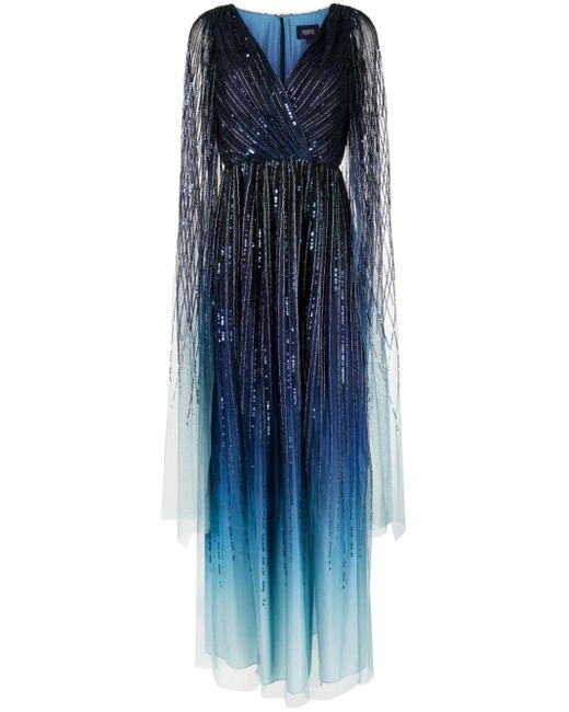 Marchesa Blue Ombré-effect Embellished Gown