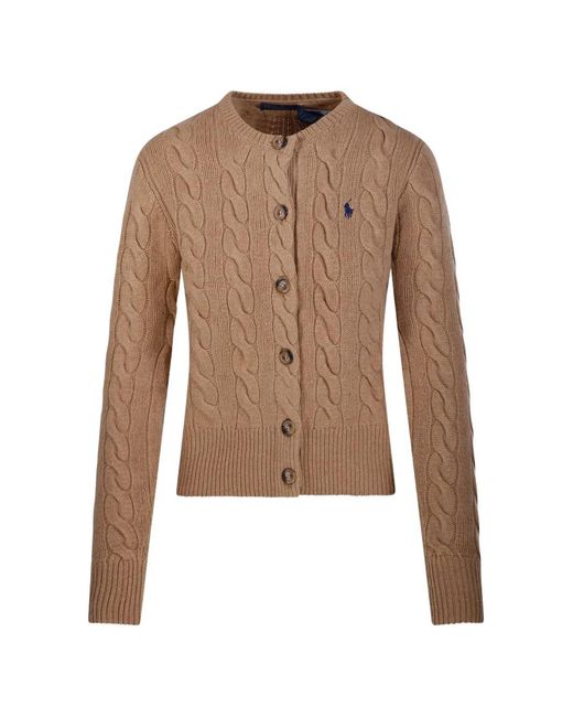 Polo Ralph Lauren Brown Polo Pony-Embroidered Cable-Knit Cardigan
