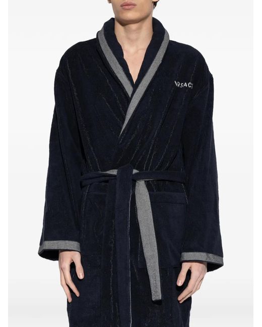 Versace Blue Embroidered-Graphic Cotton Bathrobe
