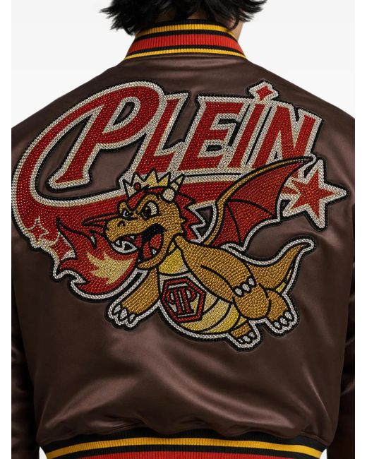 Philipp Plein Brown Satin Bomber Plein Dragon Stones for men