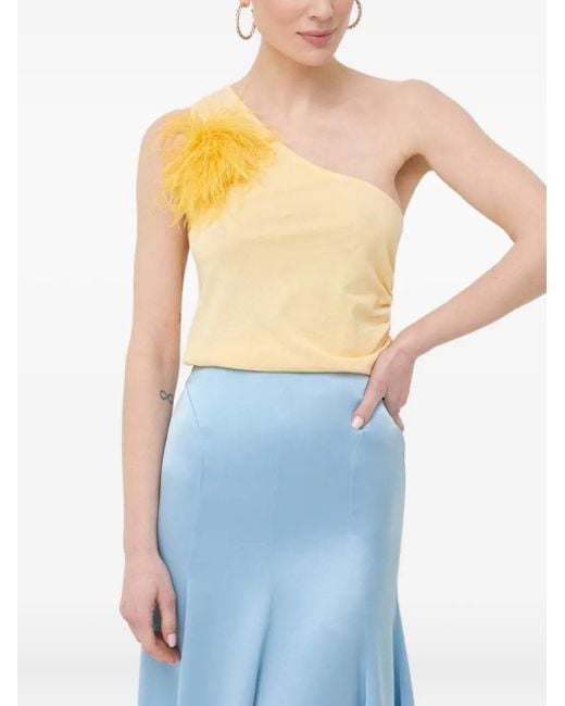 Patrizia Pepe Blue One-Shoulder-Top mit Federn