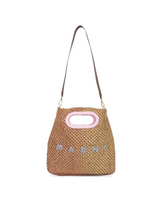 Marni Natural Woven-Raffia Embroidered-Logo Clutch Bag