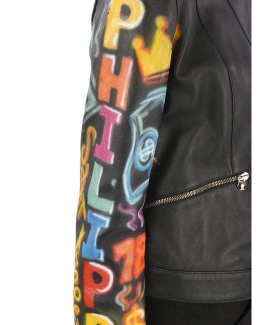 Philipp Plein Black Graffiti-Printed Leather Jacket