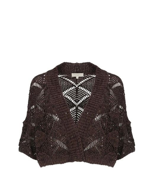 Antonelli Brown Sequin-Embellished Open-Knit Sweater