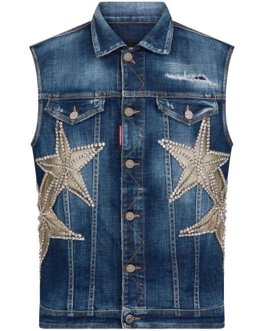 DSquared² Blue Star-appliqué Embellished Denim Vest for men