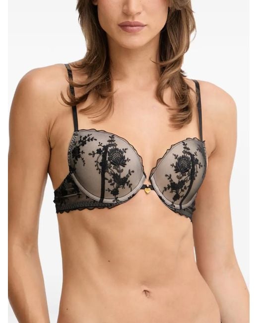 Twinset Black Floral-Embroidered Mesh Bra