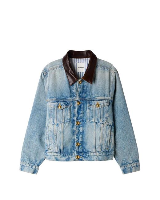 Sandro Blue Veste En Jean Boutonnée À Col En Cuir