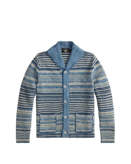 RRL Blue Striped Shawl-Collar Cardigan for men