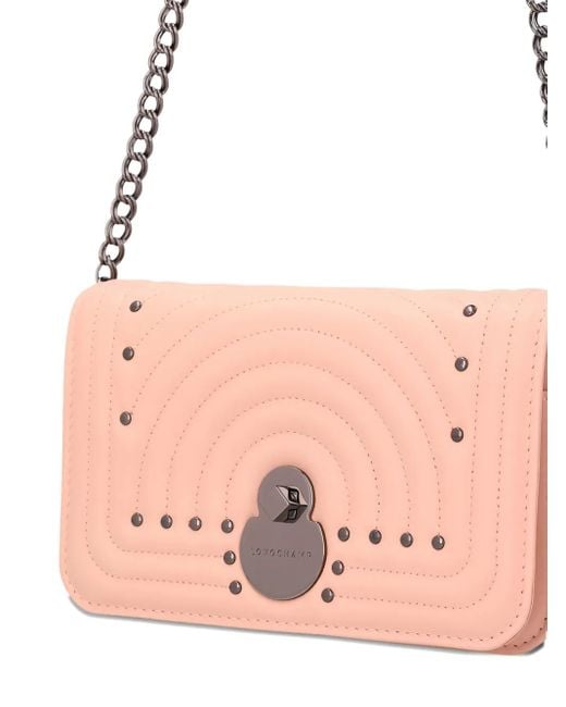 Longchamp Pink Quilted Stud-Embellished Wallet On Chain