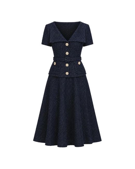 Self-Portrait Blue Boucle Tailored Midi Dress