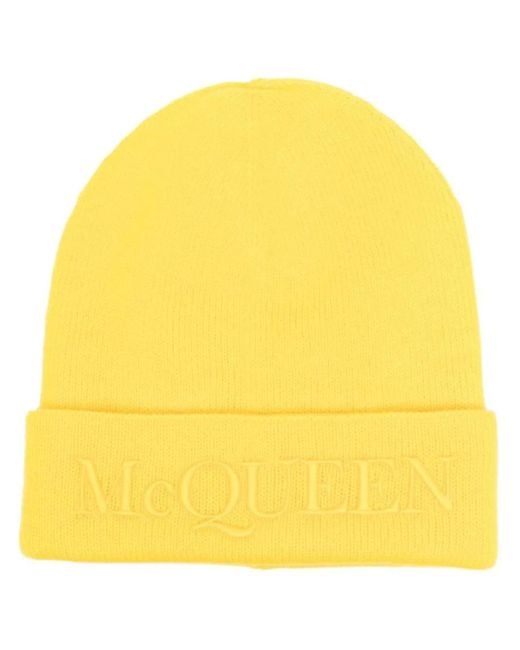 McQueen Yellow Logo-Embroidered Cashmere Beanie for men