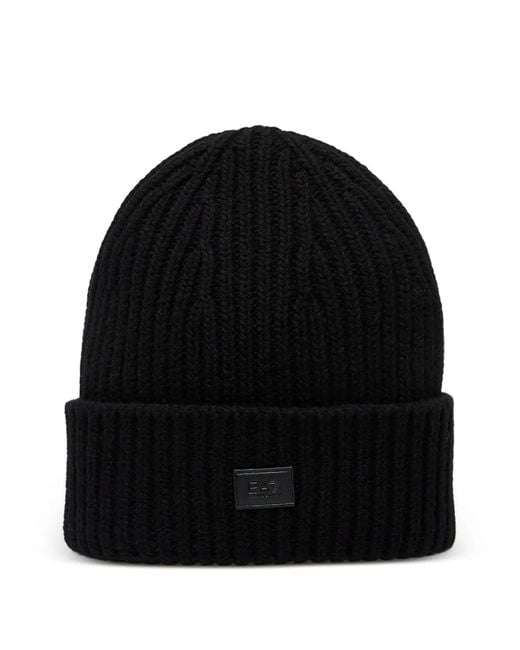 EA7 Black Logo-Patch Beanie Hat