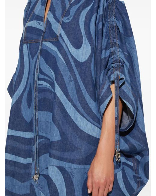 Emilio Pucci Blue Marmo-Print Denim Kaftan Dress