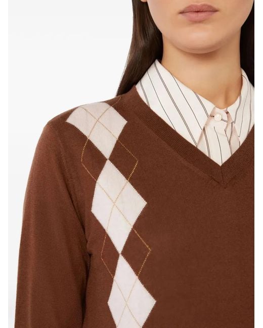 Max Mara Brown Argyle V-Neck Sweater