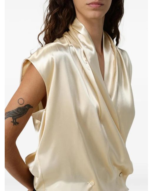 Alberta Ferretti Natural Satin-Finish Draped Blouse