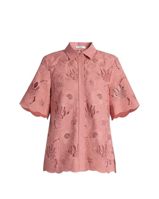 Erdem Pink Floral-Cutwork Short-Sleeve Shirt