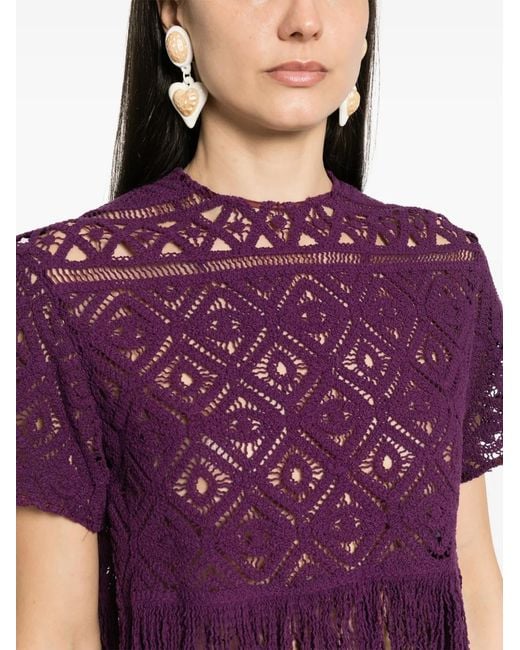 LaDoubleJ Purple Lacey La Scala Fringed Top