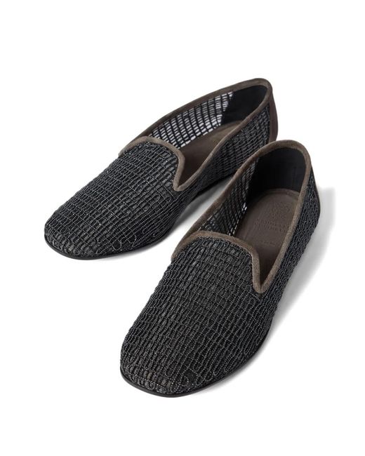 Brunello Cucinelli Gray Monili Embroidered Net Loafers