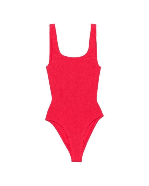 Hunza G Red Coverage Crinkle-Effect Square-Neck Swimsuit