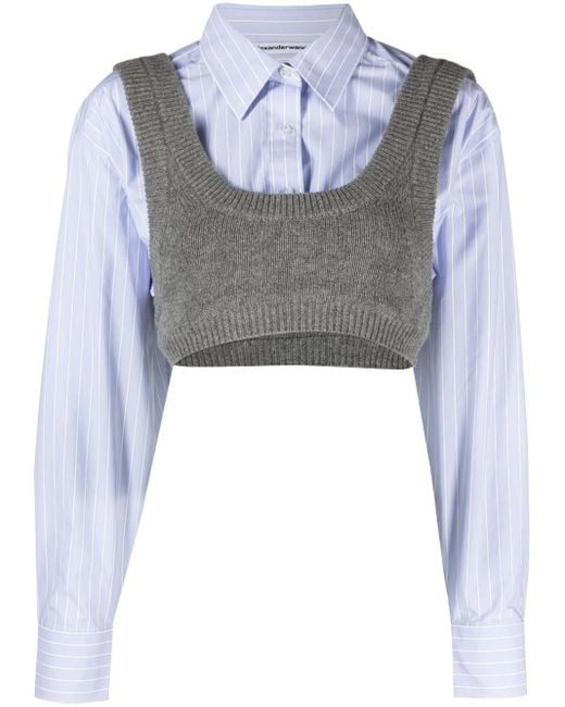 Alexander Wang Layered Knit And Poplin Crop Top in Blue