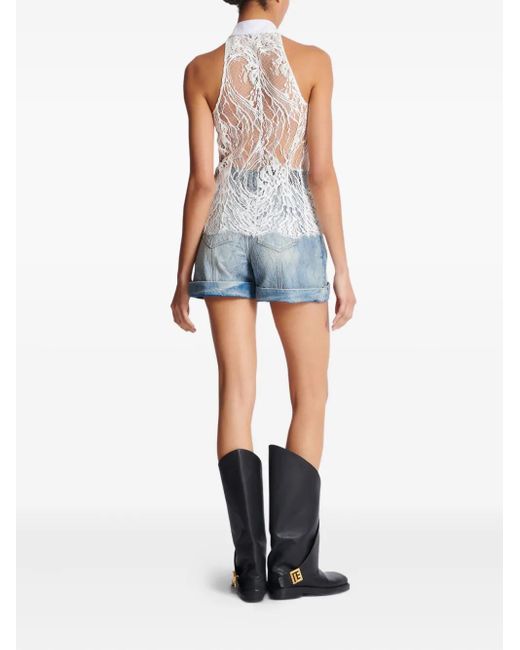 Balmain White Neckholder-Top aus Spitze