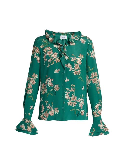 Erdem Green Floral-Print Ruffled Shirt