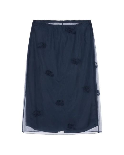 JNBY Blue Embroidered Mesh-Overlay Midi Skirt