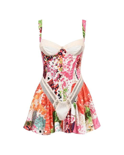 DSquared² Red Floral-Print Mesh-Detail Dress