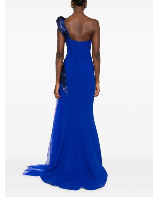 Gaby Charbachy Blue Metallic-Effect Draped Gown