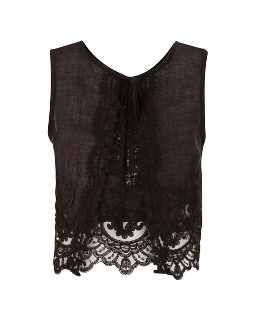 Maurizio Mykonos Black Embroidered Lace-Hem Top