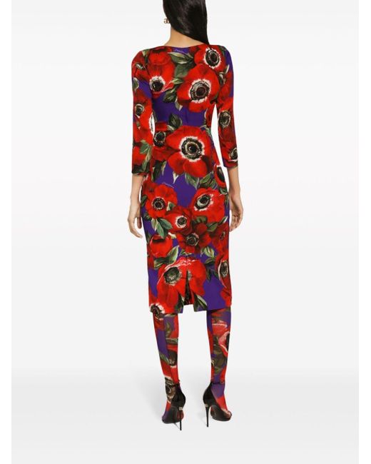 Dolce & Gabbana Midi-jurk Met Print En Ronde Hals in het Red