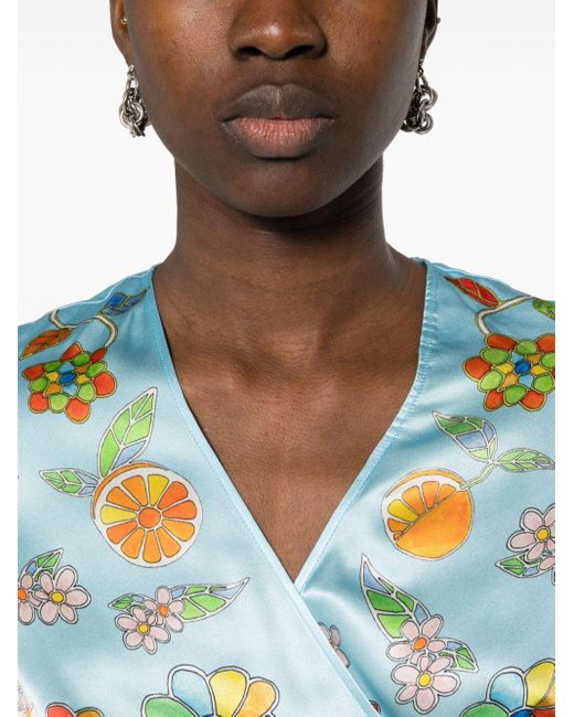 Casablancabrand Blue Gewickelte Bluse mit Yoruba Flowers-Print