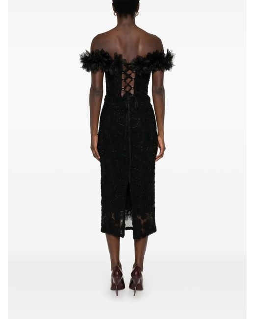 Nissa Black Floral-Detail Lace Midi Dress