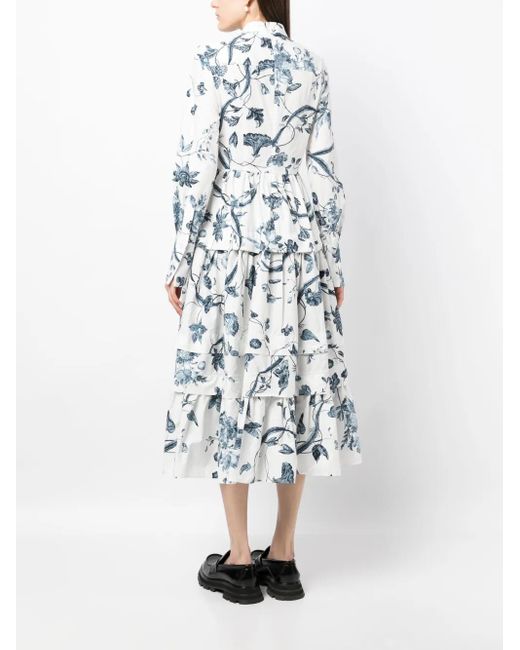 Erdem White Floral Print Long Sleeve Tiered Cotton Dress